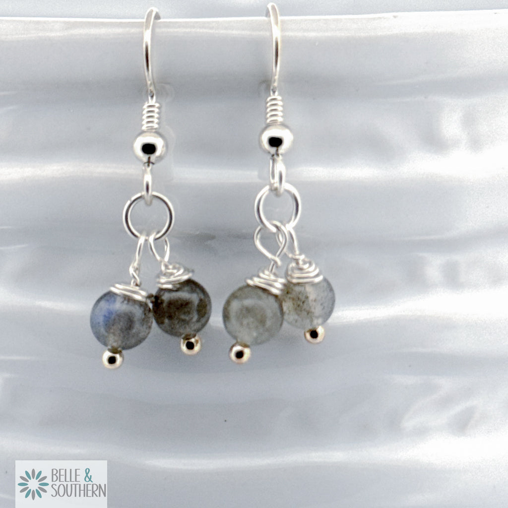 Two stone labradorite drop earrings with a soft blue flash, hand-wrapped in Argentium silver