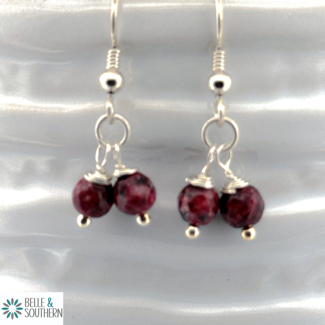 Maroon Gemstone Beads Silver Earrings