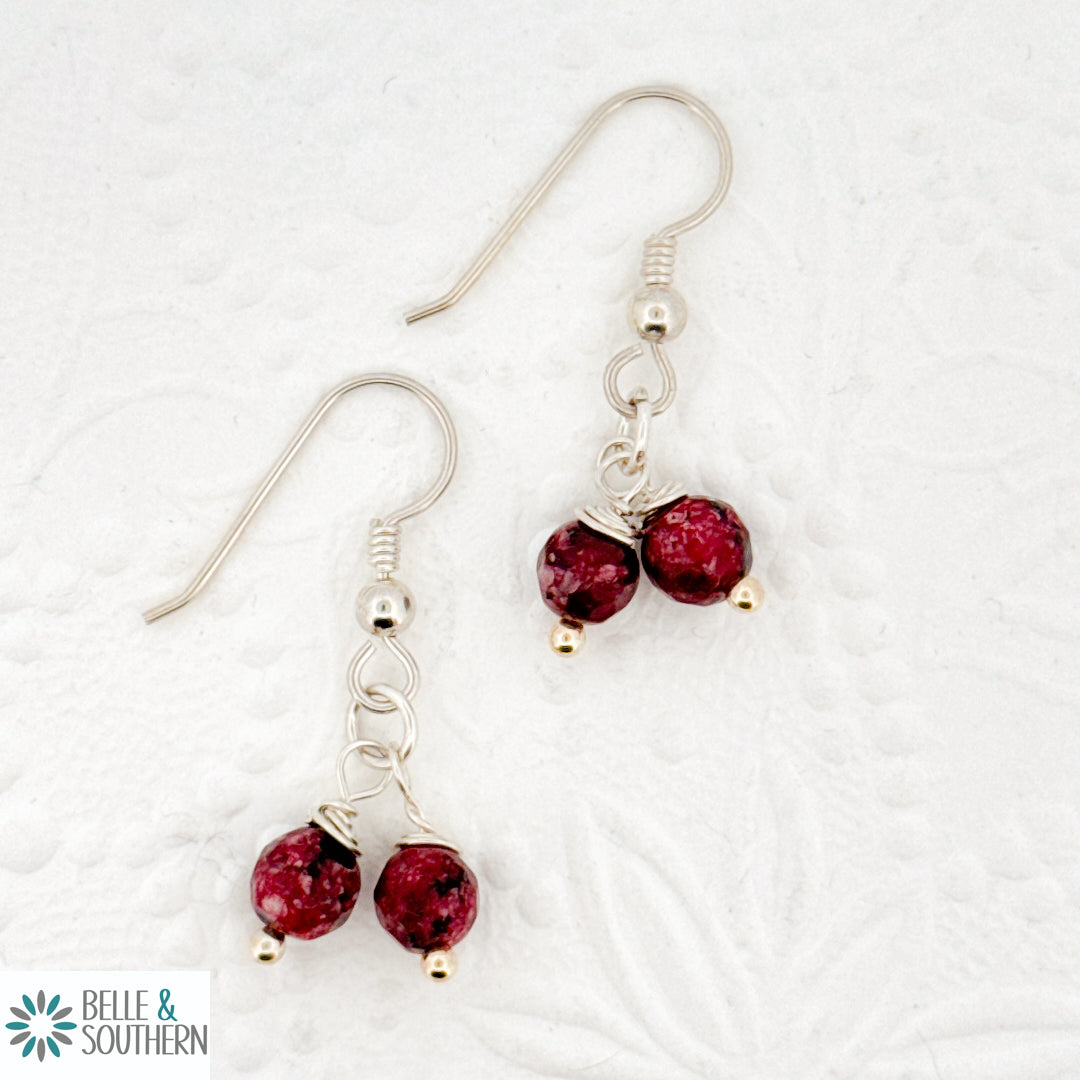 Aggie Maroon Gemstone Beaded Silver Earrings