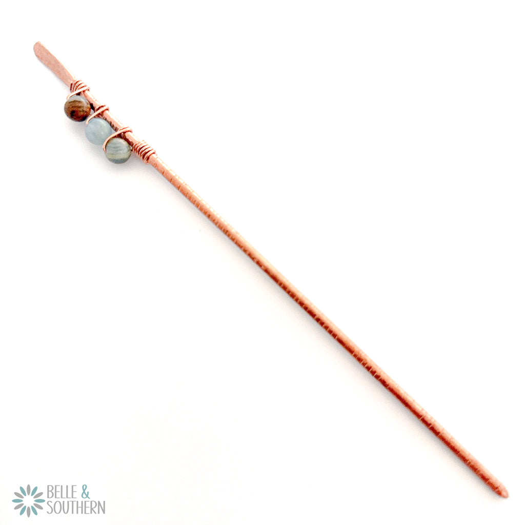 3 Aquatine Calcite Gemstone Beads wrapped on a textured copper hair stick
