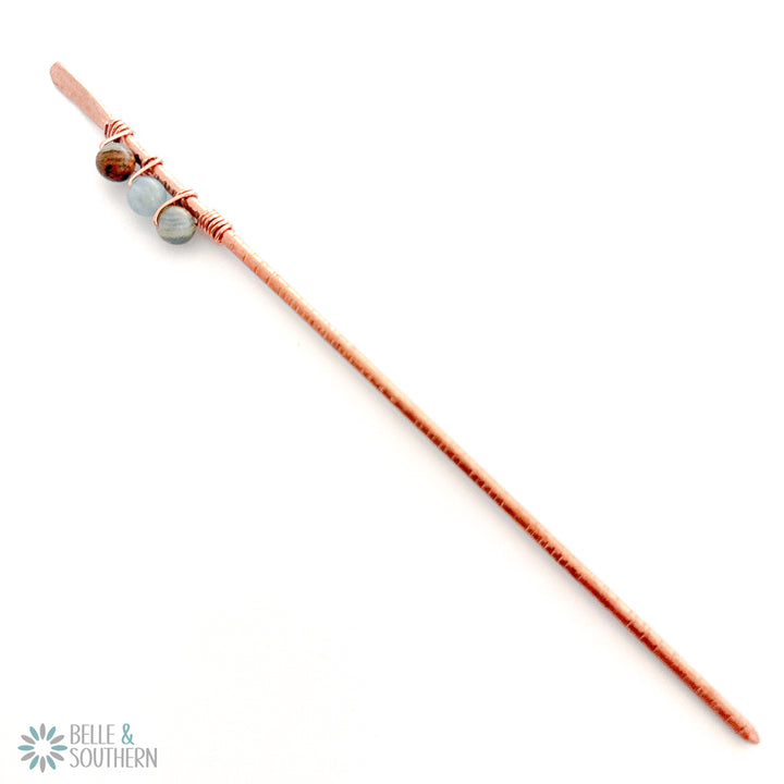 3 Aquatine Calcite Gemstone Beads wrapped on a textured copper hair stick
