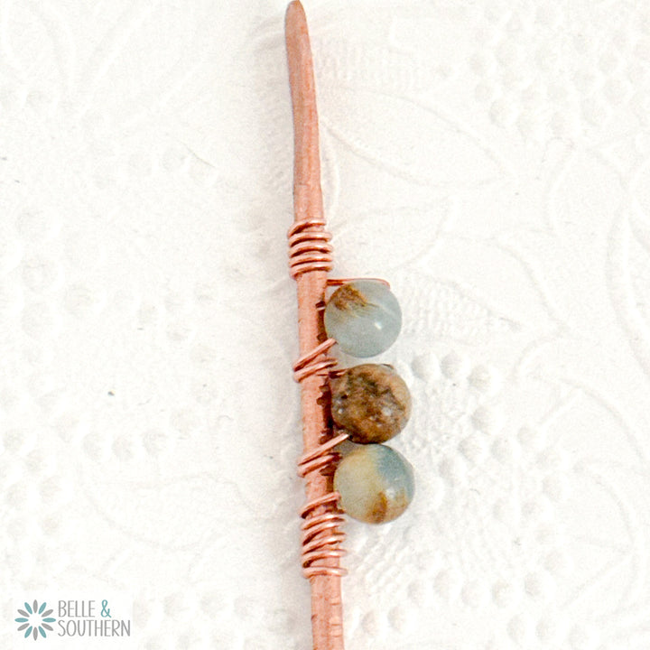 Aquatine Citrite Gemstone Wrapped Textured Copper Hair Stick Up close
