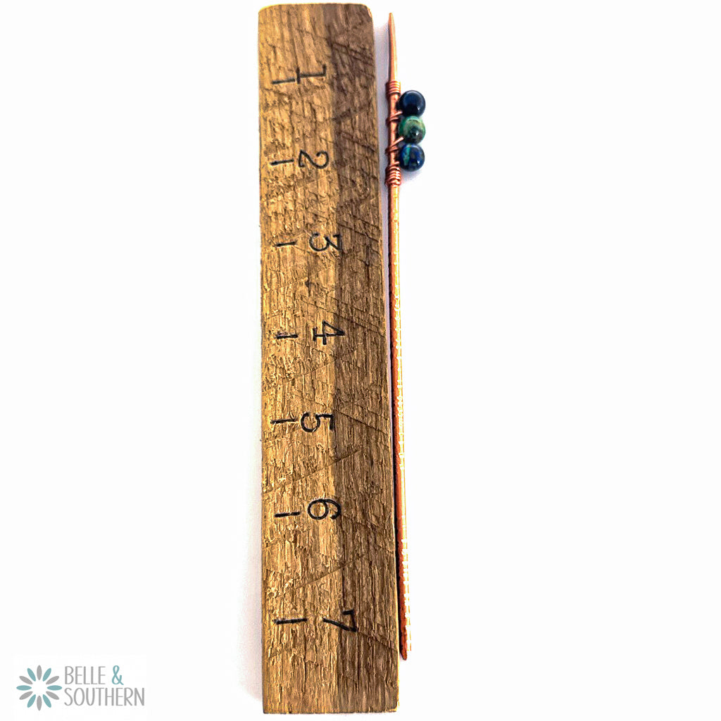 Azurite Gemstone Bead Copper Hair Stick next to ruler for measurement