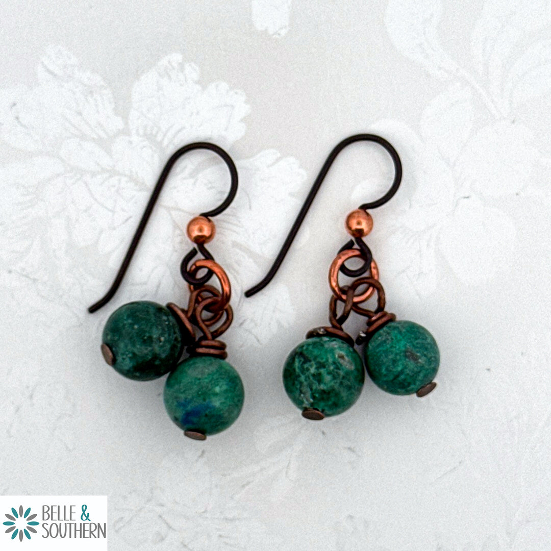 Niobium Ear wire with copper bead and 2 Azurite Gemstone Earrings