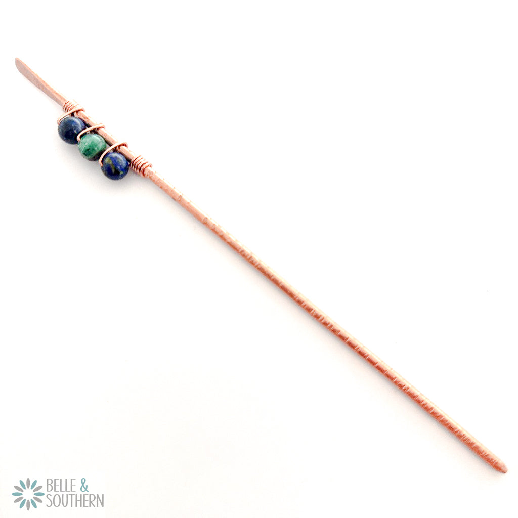 3 Azurite Gemstone Beads wrapped on textured copper hair stick