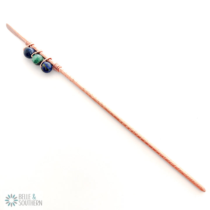 3 Azurite Gemstone Beads wrapped on textured copper hair stick