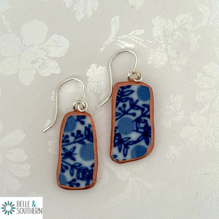 Dark Blue Floral Pattern Broken Plate on Sterling Silver Earwires