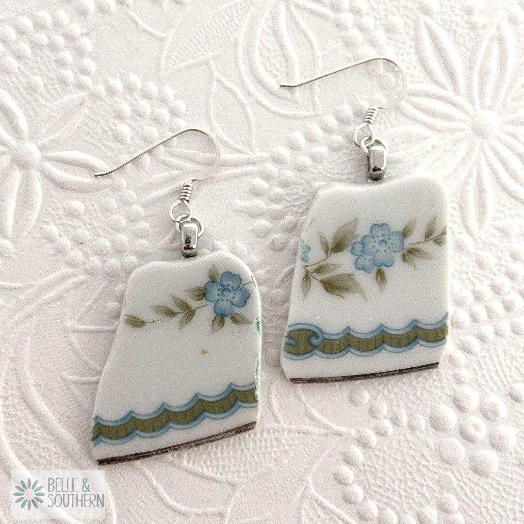 Blue Flowers with Green Scroll Trim Broken Plate Earrings
