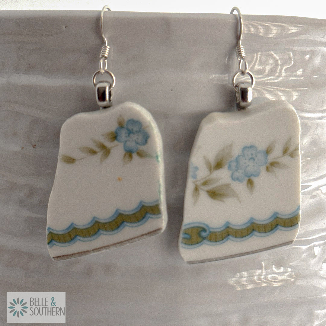 Blue Flowers with Green Scroll Trim Earrings