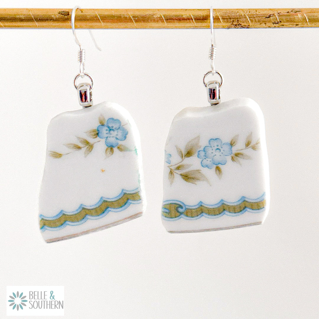 Blue Flowers with Green Scroll Trim Earrings on Bar

