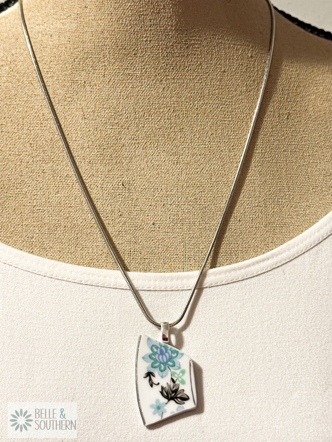 Blue and Black Floral Broken Plate Pendant A