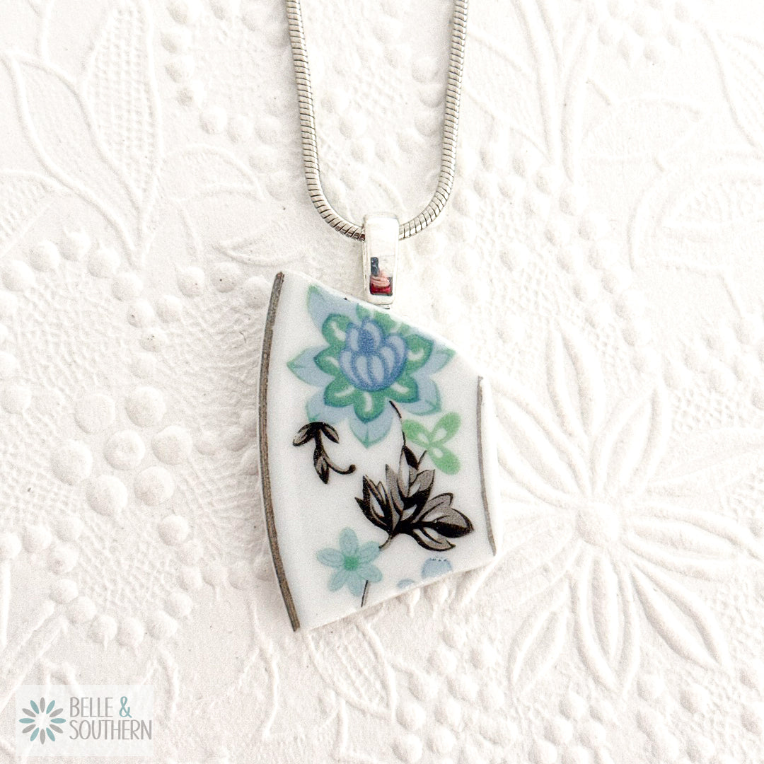 Blue and Black Floral Broken Plate Pendant