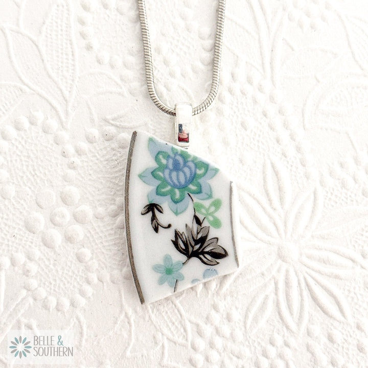 Blue and Black Floral Broken Plate Pendant