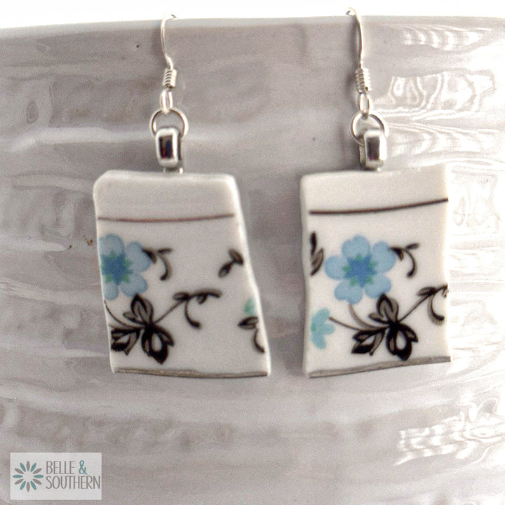 Blue and Black Flower Broken Plate Earrings A
