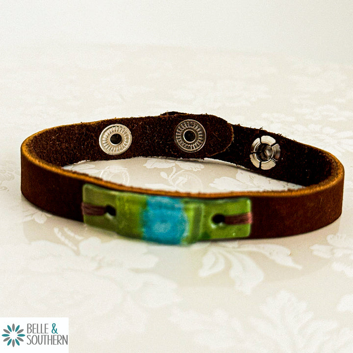 Blue and Green Fusion Glass Adjustable Leather Bracelet
