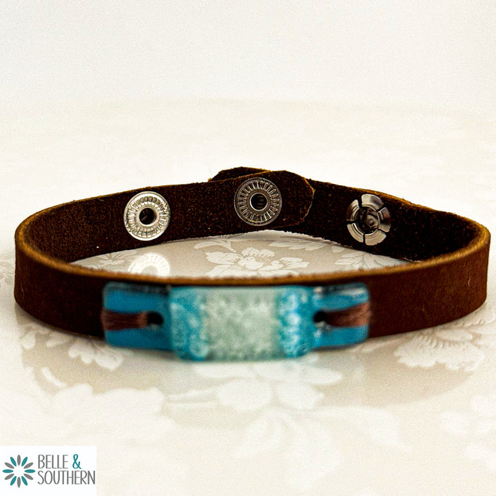 Blue and White Fusion Glass Adjustable Leather Bracelet