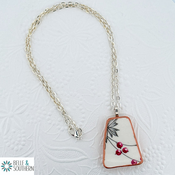 Broken Plate Cherry Pattern on Silver Plated chain necklace