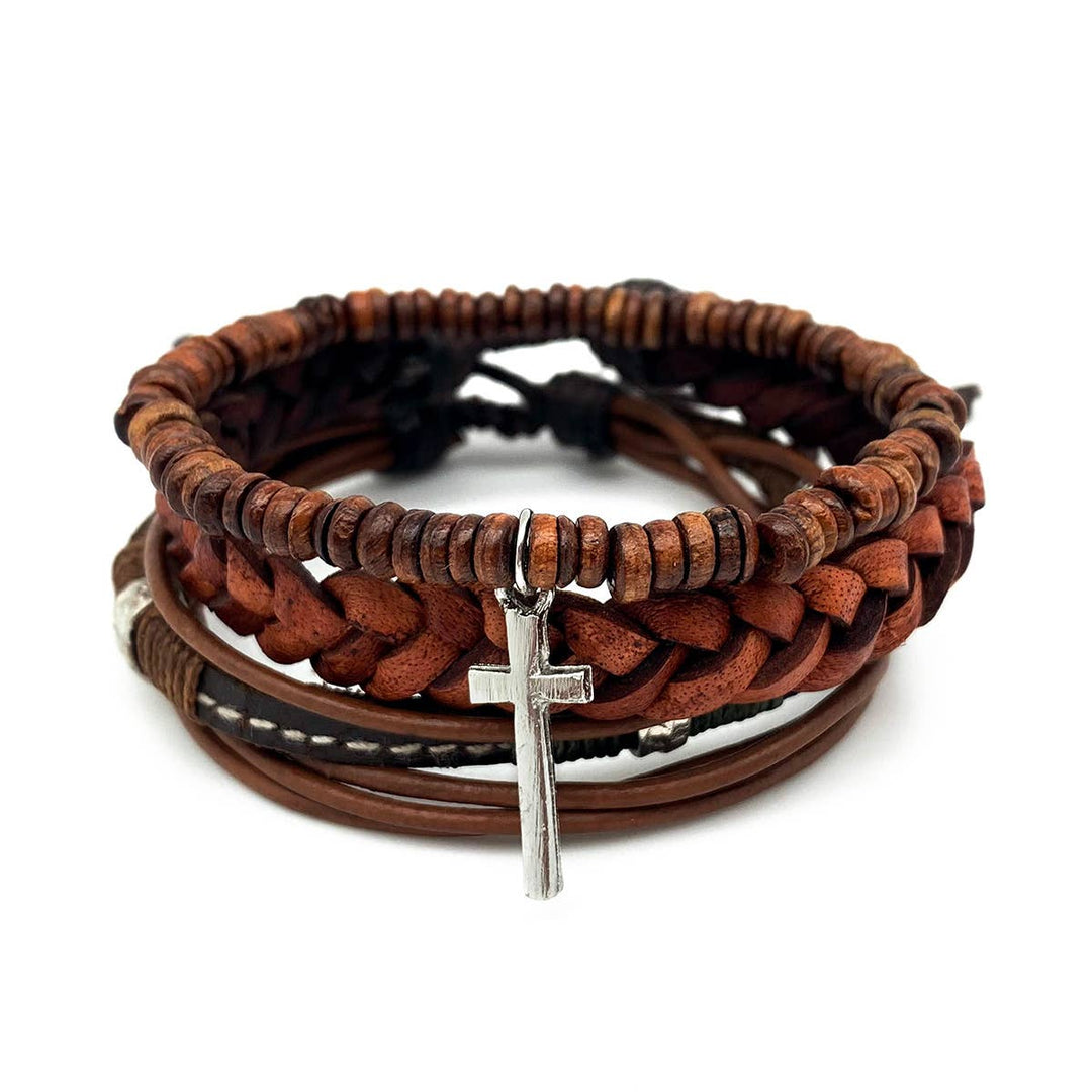 Brown Beads Mixed Leather Cross Men's Bracelet Set | Belle & Southern