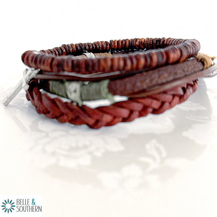 Brown Beads Mixed Leather Cross Bracelet