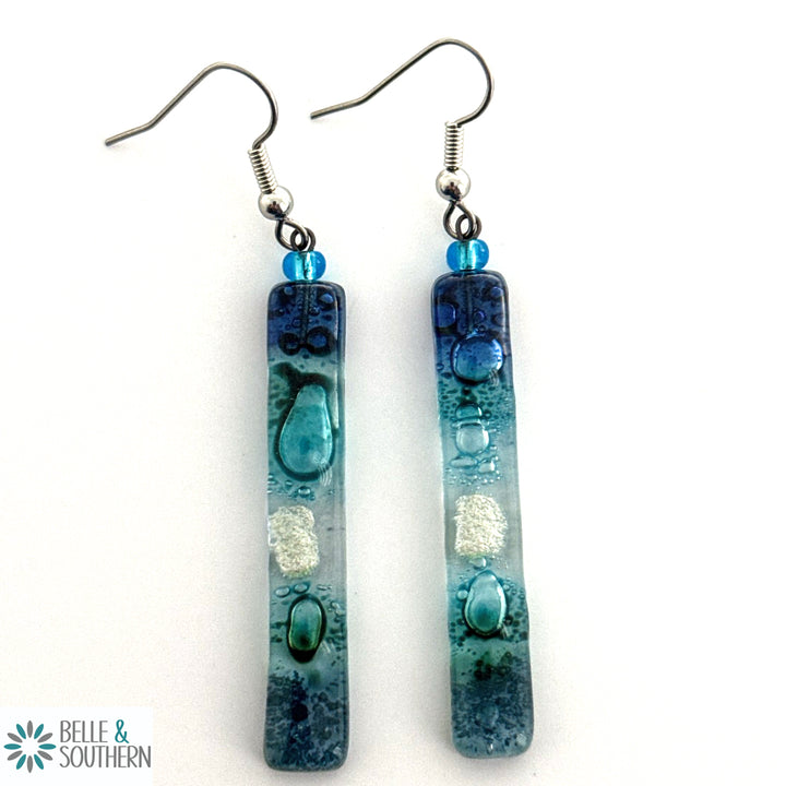 Blue Clear Silver Fusion Glass Earrings