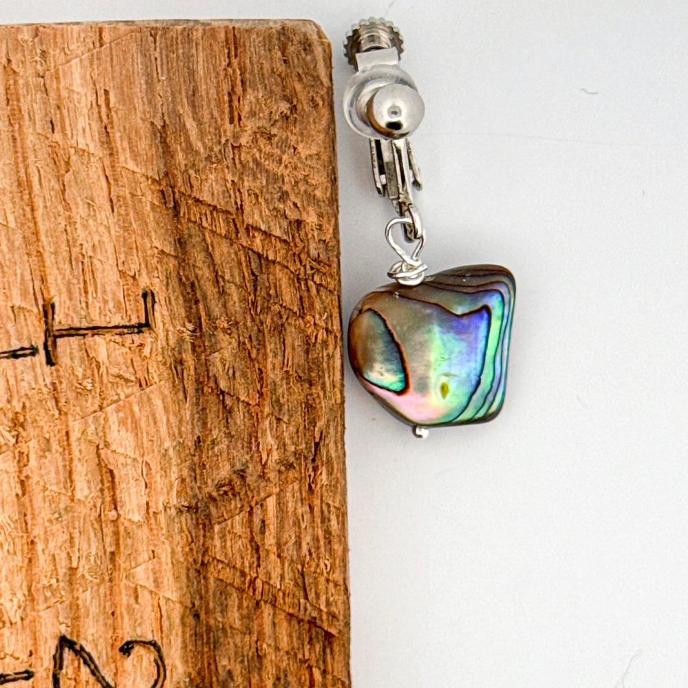 Abalone shell on silver color clip on earrings measuring 1 inch