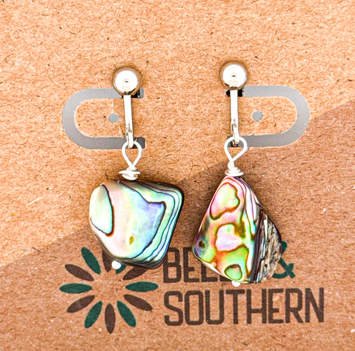 Abalone Shell on silver color clip on earrings on business card