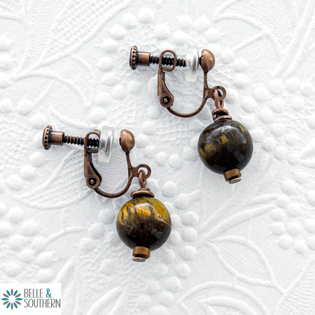 Clip On Me Tiger's Eye Stone Bead Earrings | Belle & Southern