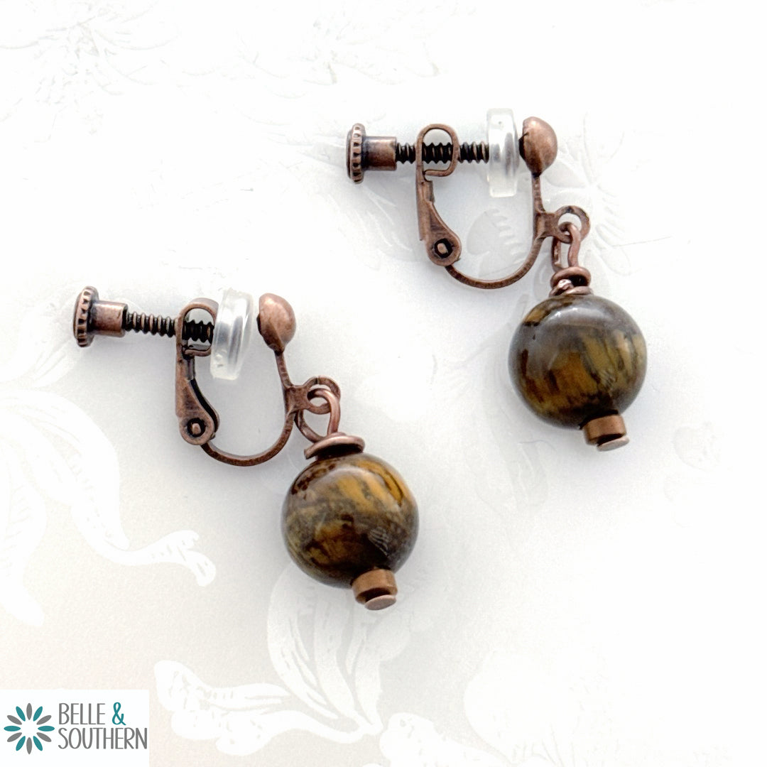 Clip On Me Tiger's Eye Stone Bead Earrings | Belle & Southern