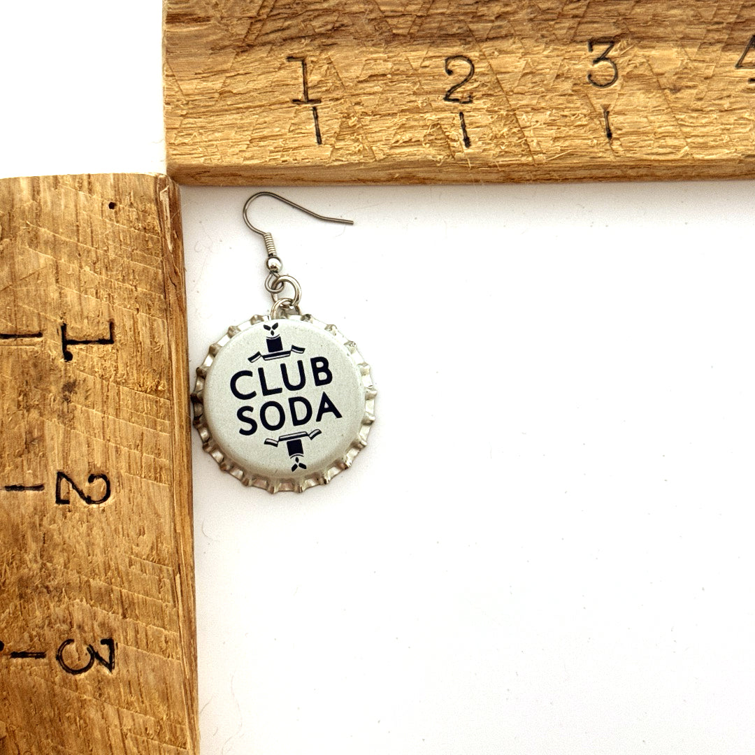 Blue Club Soda Lettering Bottle Cap on Stainless Steel Ear Wire Earrings