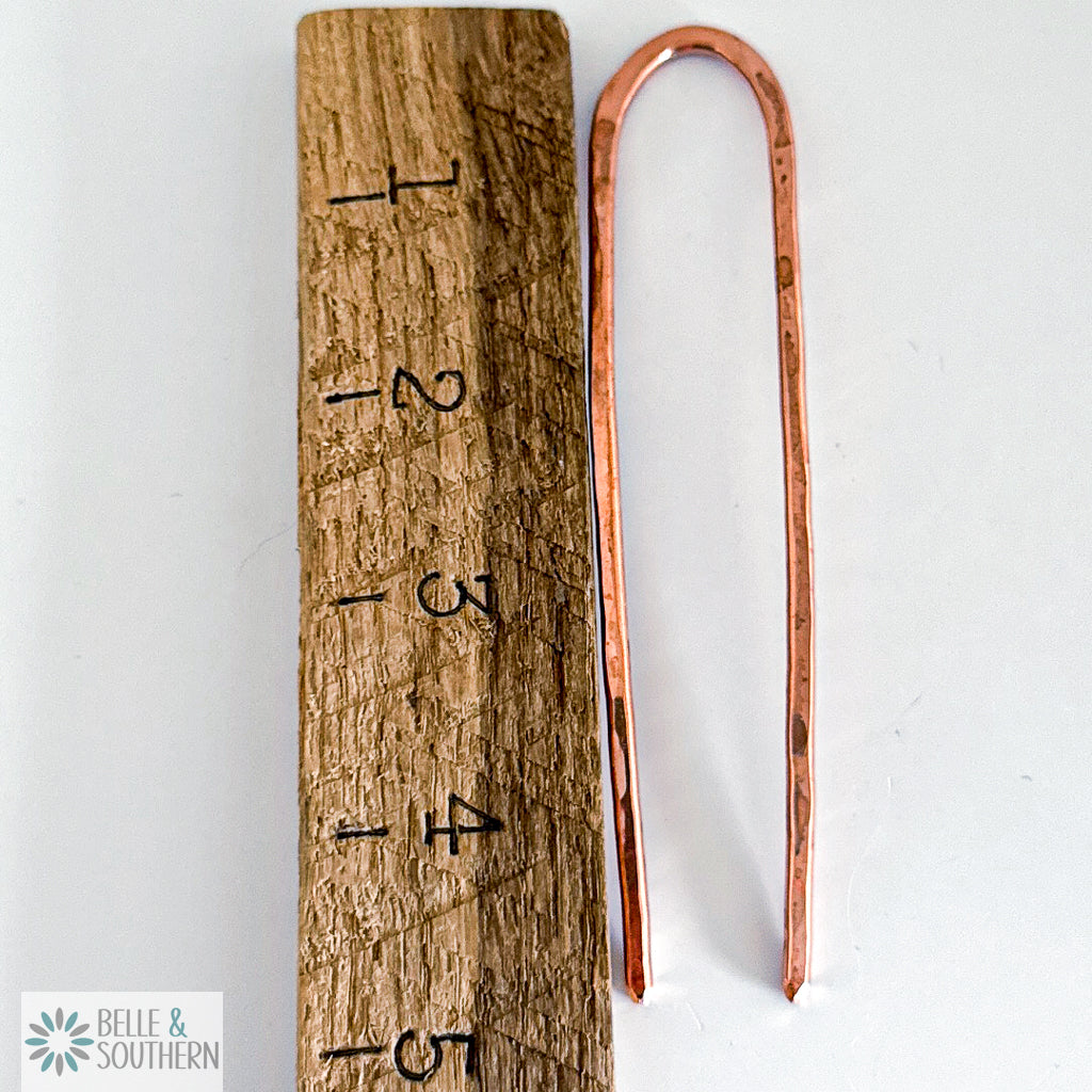 Copper French Hair Pin next to ruler to reflect measurement