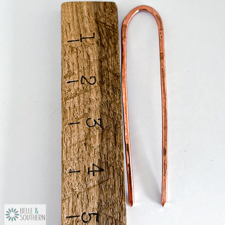 Copper French Hair Pin next to ruler to reflect measurement