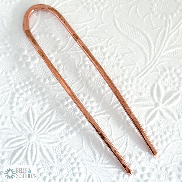 Copper French Hair Pin on White Floral background