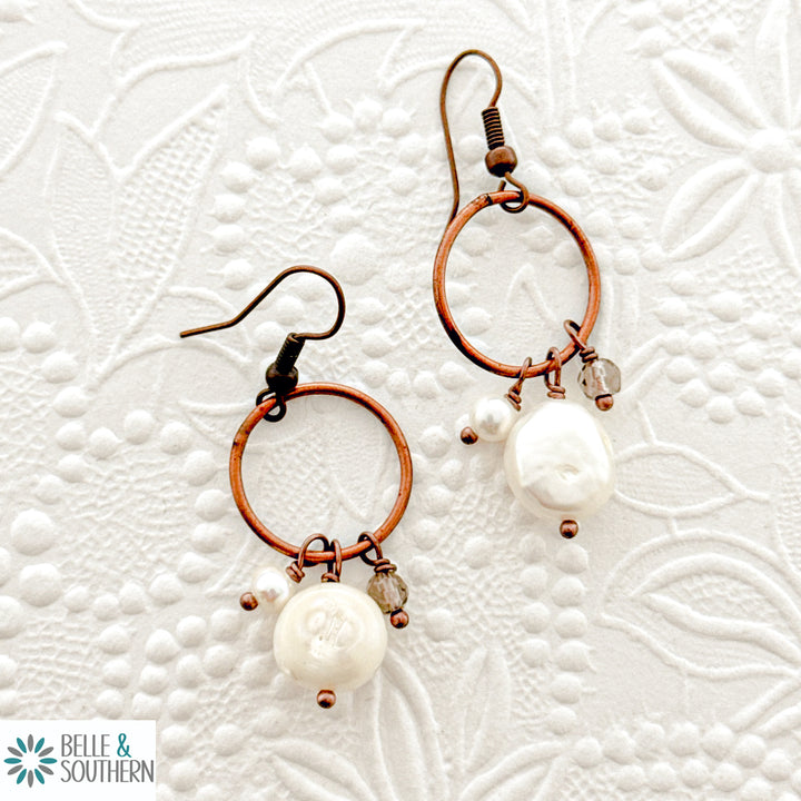 Copper and Pearl Earrings Medium Hoop