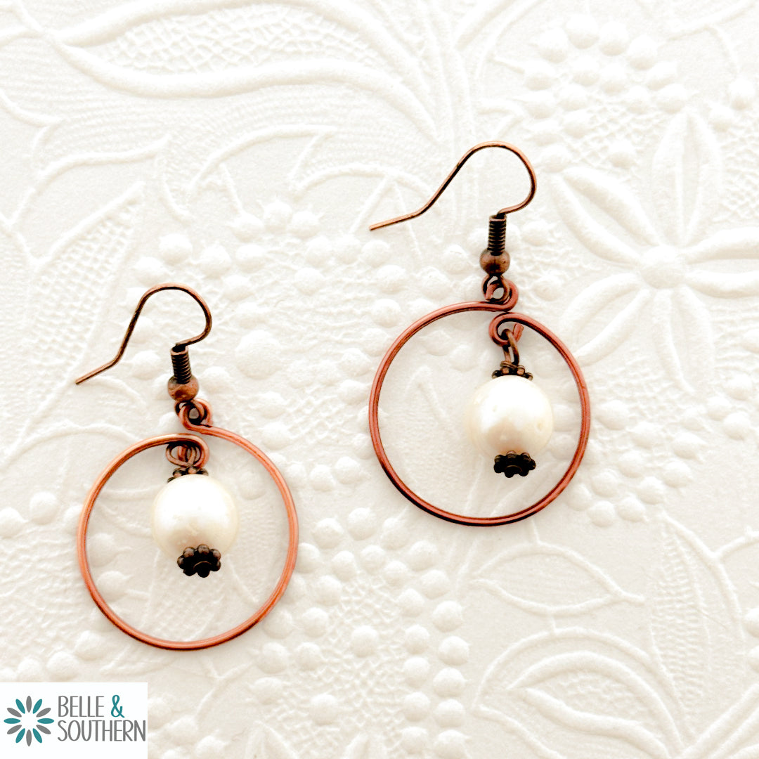 Copper and Pearl Earrings with Large Hoop