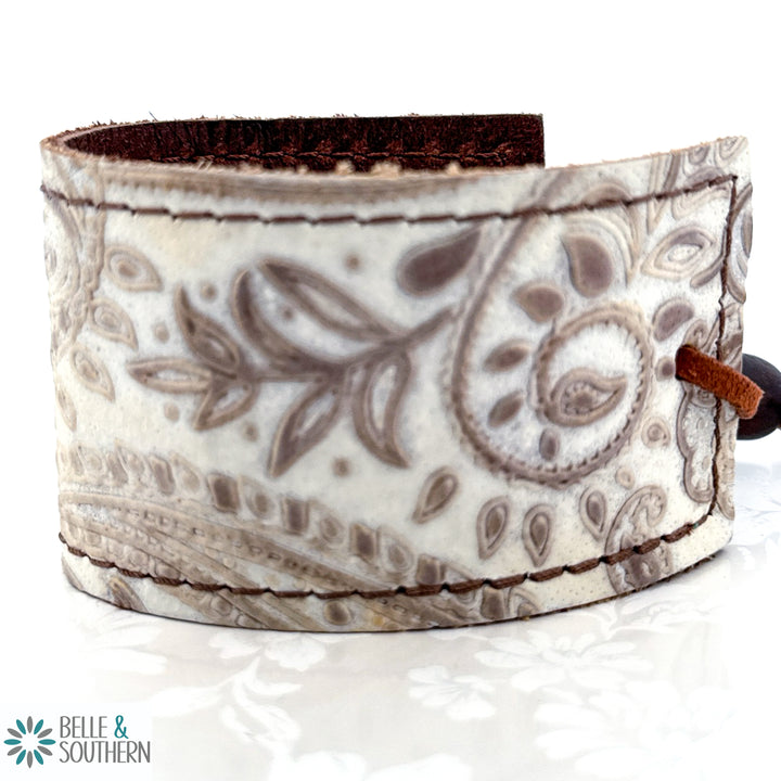 Cream Paisley Leather Adjustable Cuff