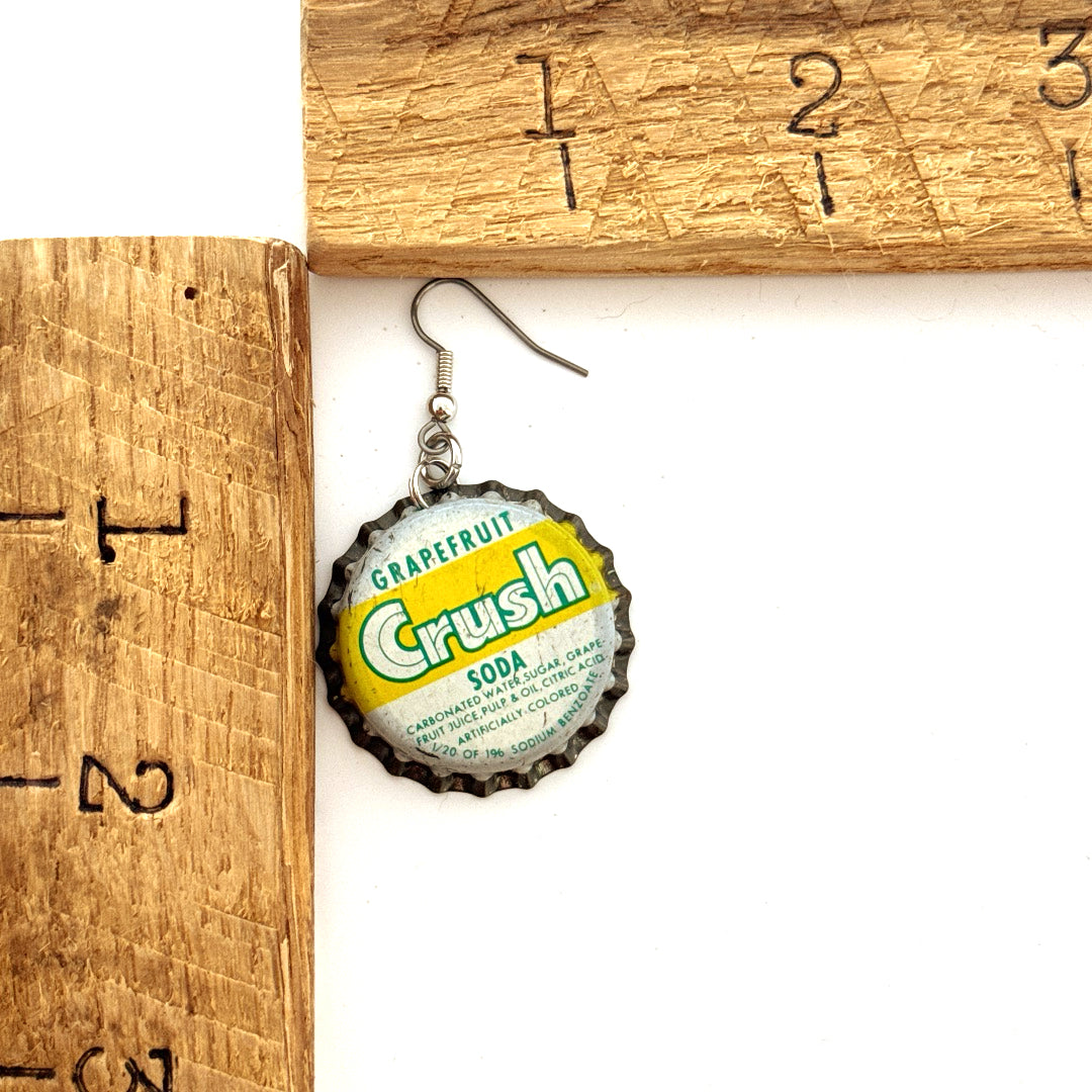 White and Yellow Crush Grapefruit Bottle Cap on Stainless Steel Ear Wire Earrings