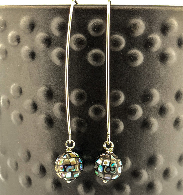 Mosaic Abalone shell on sterling silver earrings on black bowl