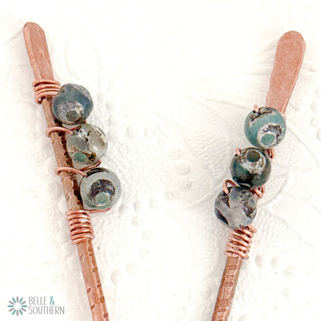Dzi Agate Gemstone wrapped textured copper hair stick pair
