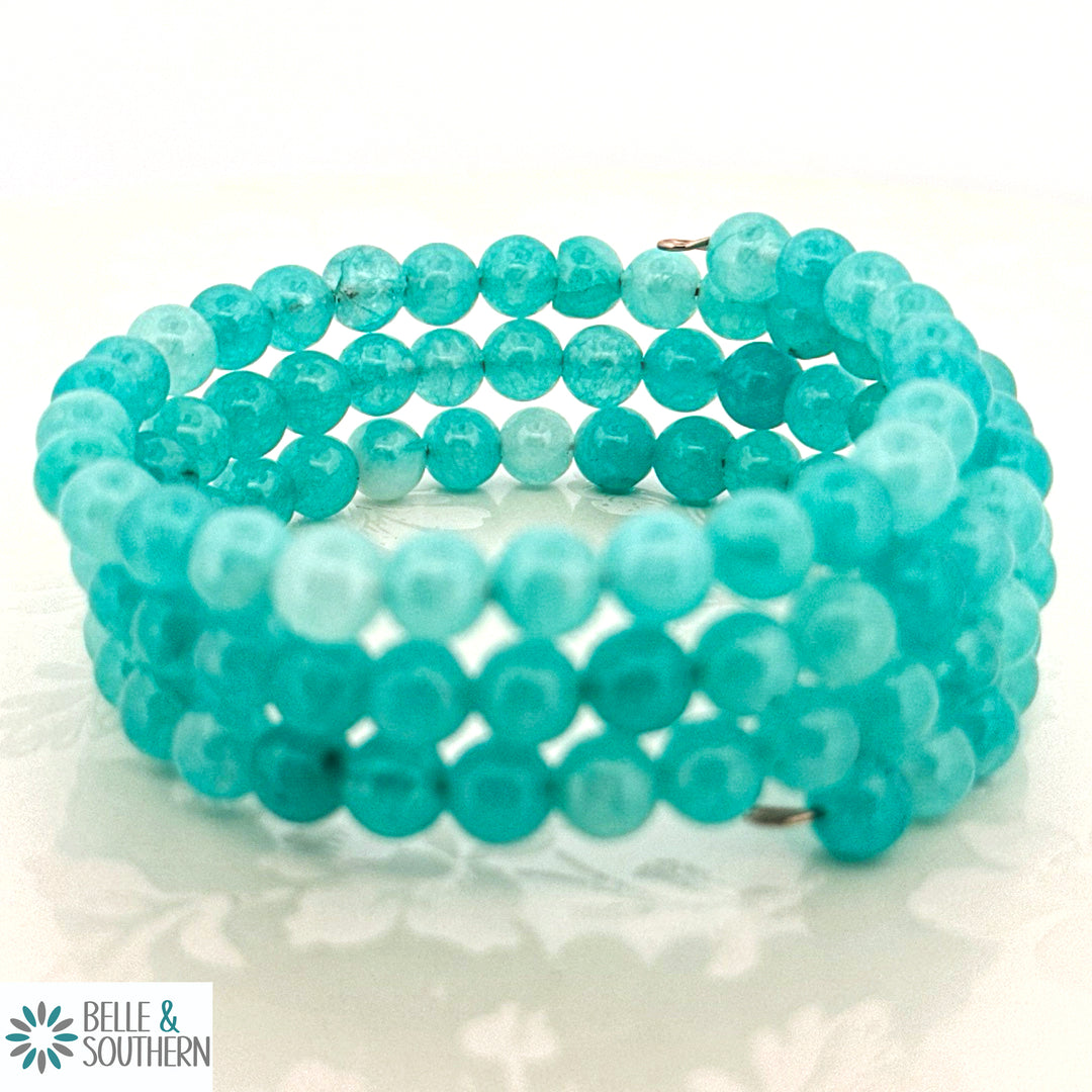 3 layer elastic wrap bracelet with aqua blue gemstones