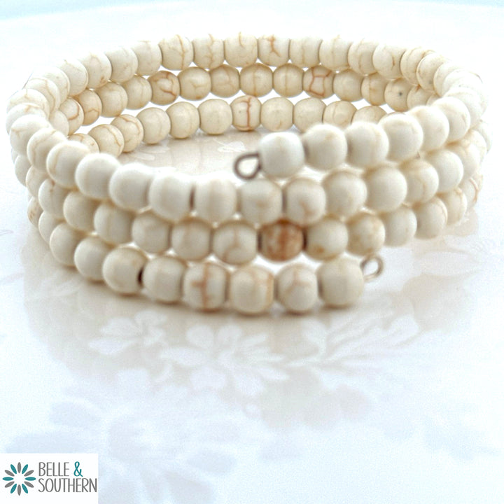 3 layer elastic wrap bracelet with cream gemstone beads
