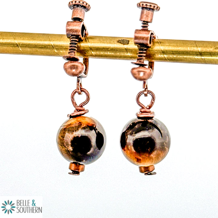 Golden Eye Tiger Stone Bead with 
antique copper clip on earrings