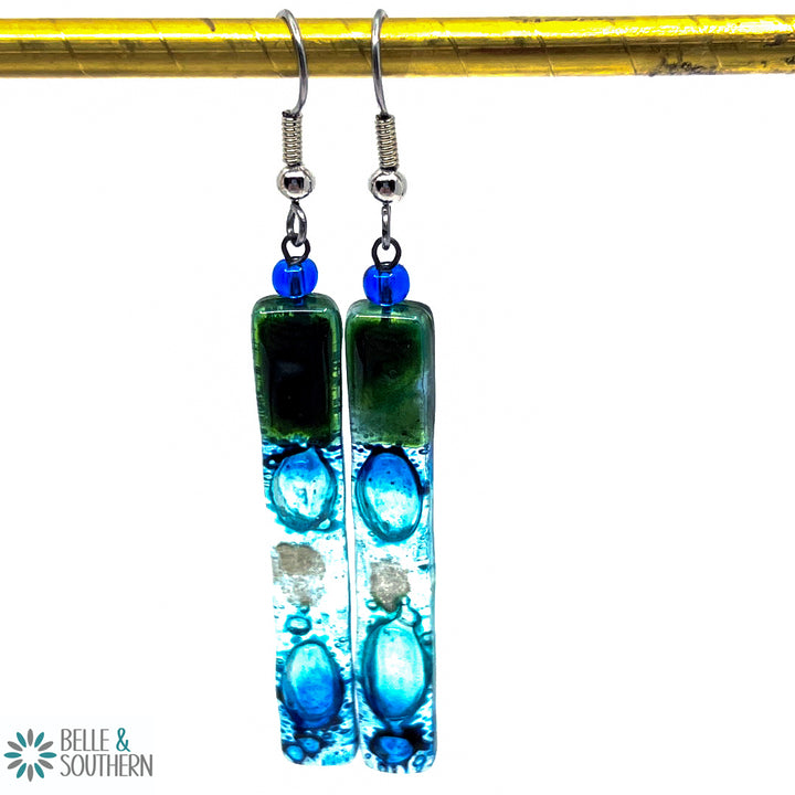 Green Blue Silver Fusion Glass Earrings
