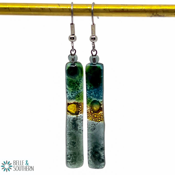 Green Gold Grey Fusion Glass Earrings