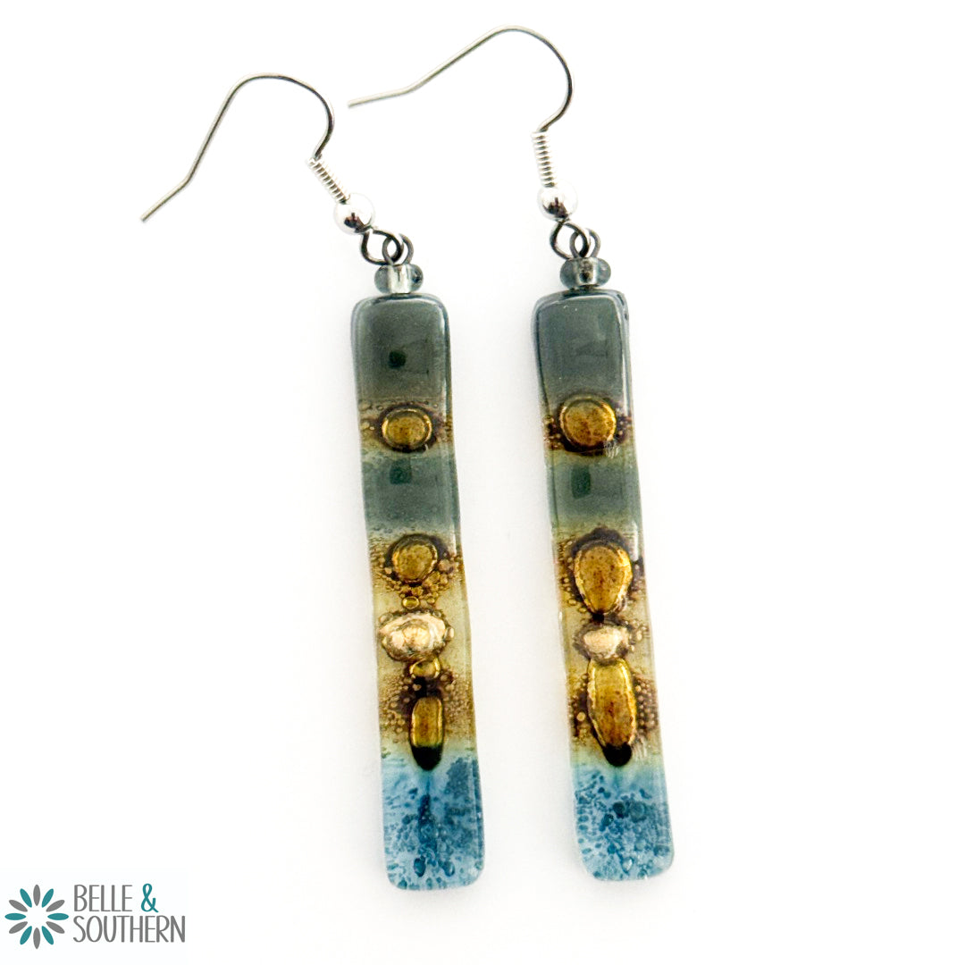 Grey Gold Blue Fusion Glass Earrings