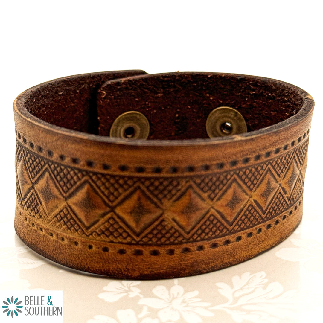 Diamond Pattern Hand Tooled Double Snap Adjustable Bracelet