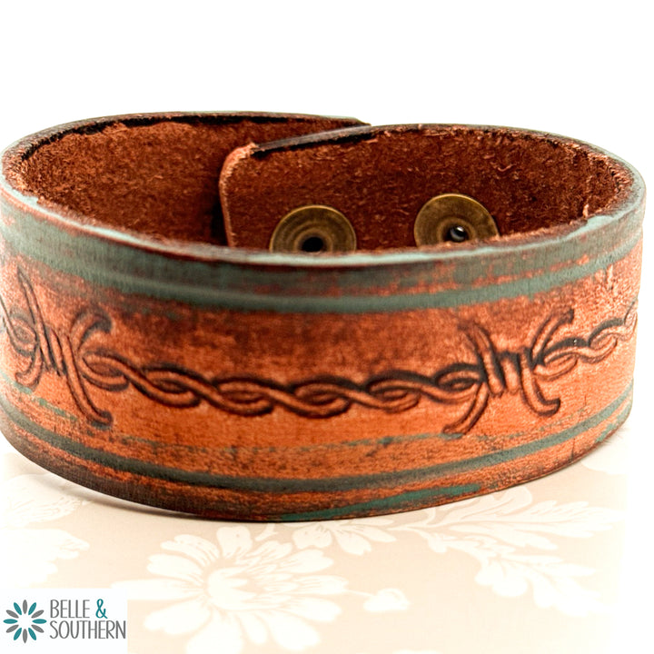 Barbed Wire Pattern Hand Tooled Leather double snap bracelet