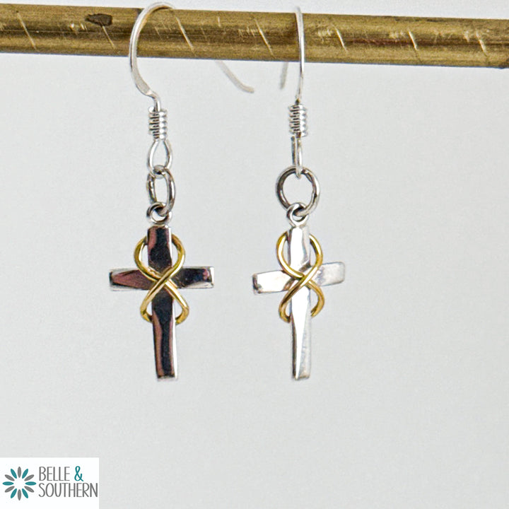 Sterling Silver Cross with bronze infinity wire symbol on argentium silver ear wire