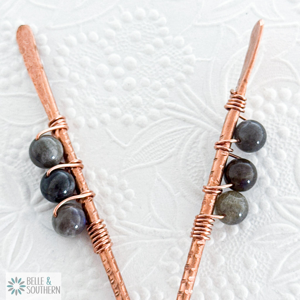 Pair of Labradorite Gemstone Beads wrapped on textured copper hair sticks