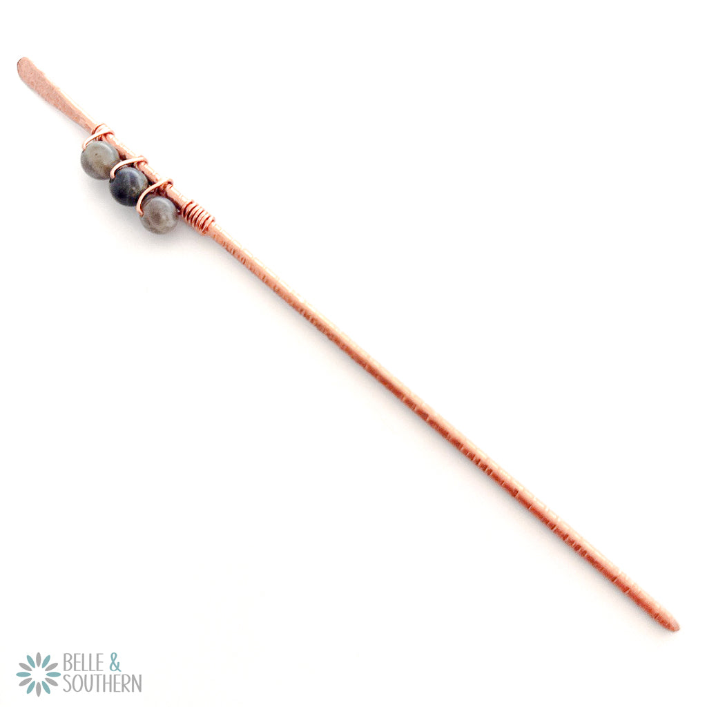 3 Labradorite Gemstone Beads wrapped on textured copper hair stick