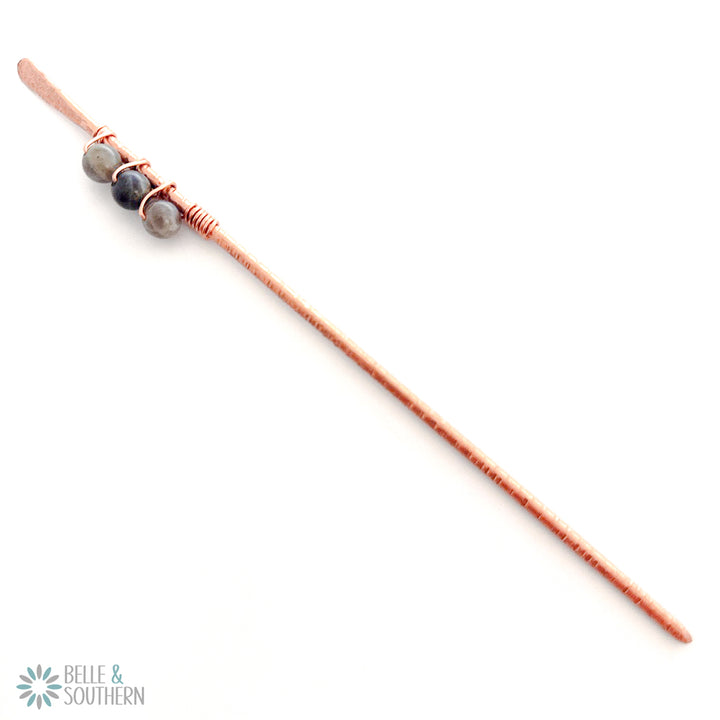 3 Labradorite Gemstone Beads wrapped on textured copper hair stick